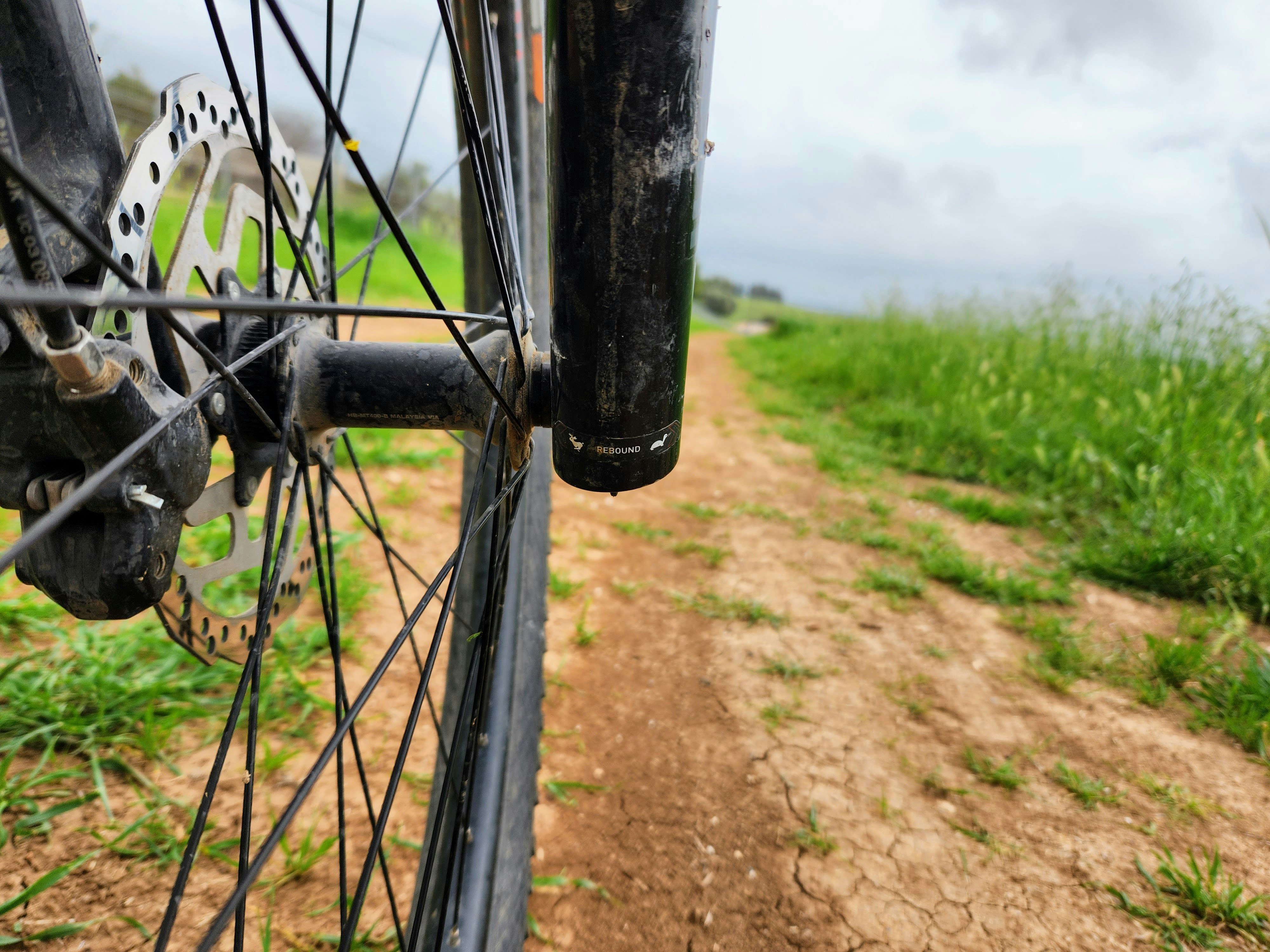 a bike tire on the side of a dirt road