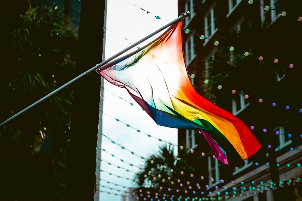 a rainbow colored kite flying in the air