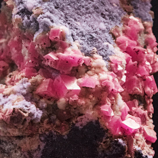 Close-up of vibrant mineral crystals extracted from industrial waste samples in a high-tech lab setting.