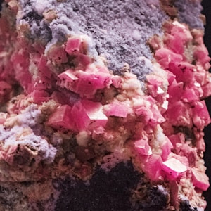 A close-up view of a mineral formation featuring clusters of vibrant pink crystals embedded in a rough, earthy matrix. The crystals are geometric and appear translucent, contrasting with the muted tones of the surrounding rock.