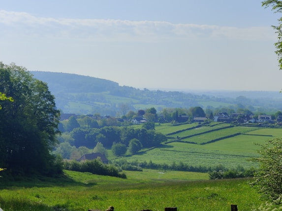 A picturesque rural landscape featuring lush green fields peppered with hedgerows and scattered houses in the distance. Rolling hills under a partly cloudy sky create a serene and expansive view. Trees border the left side, adding depth to the scene.