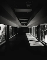 Bright hallway with black-framed windows casting shadows on beige walls.