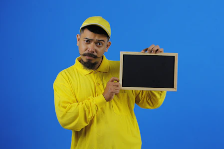 A person in a yellow cap and shirt holds a small chalkboard against a blue background. The individual's facial expression conveys a sense of curiosity or questioning.