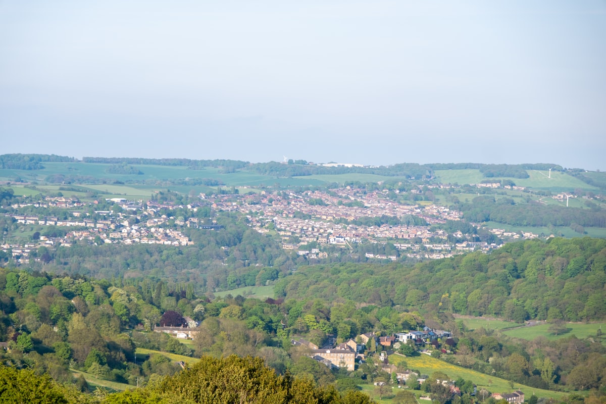 View over Huddersfield from a hillside, the largest town in the Kirklees metropolitan borough of West Yorkshire