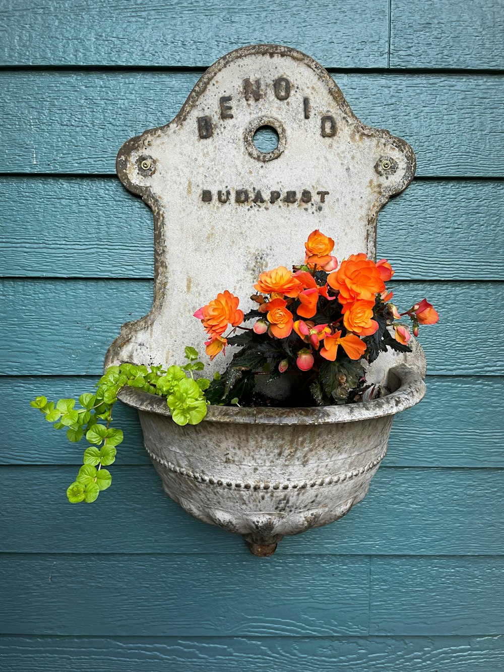 a planter with flowers in it on the side of a building