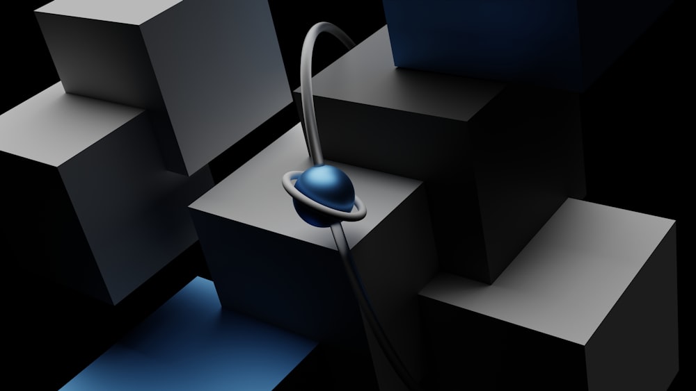 a blue and white object on a black background