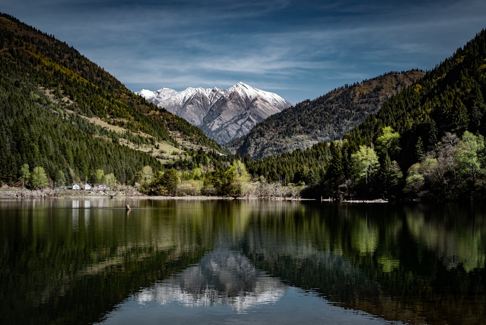 Ein See, umgeben von Bergen und Bäumen