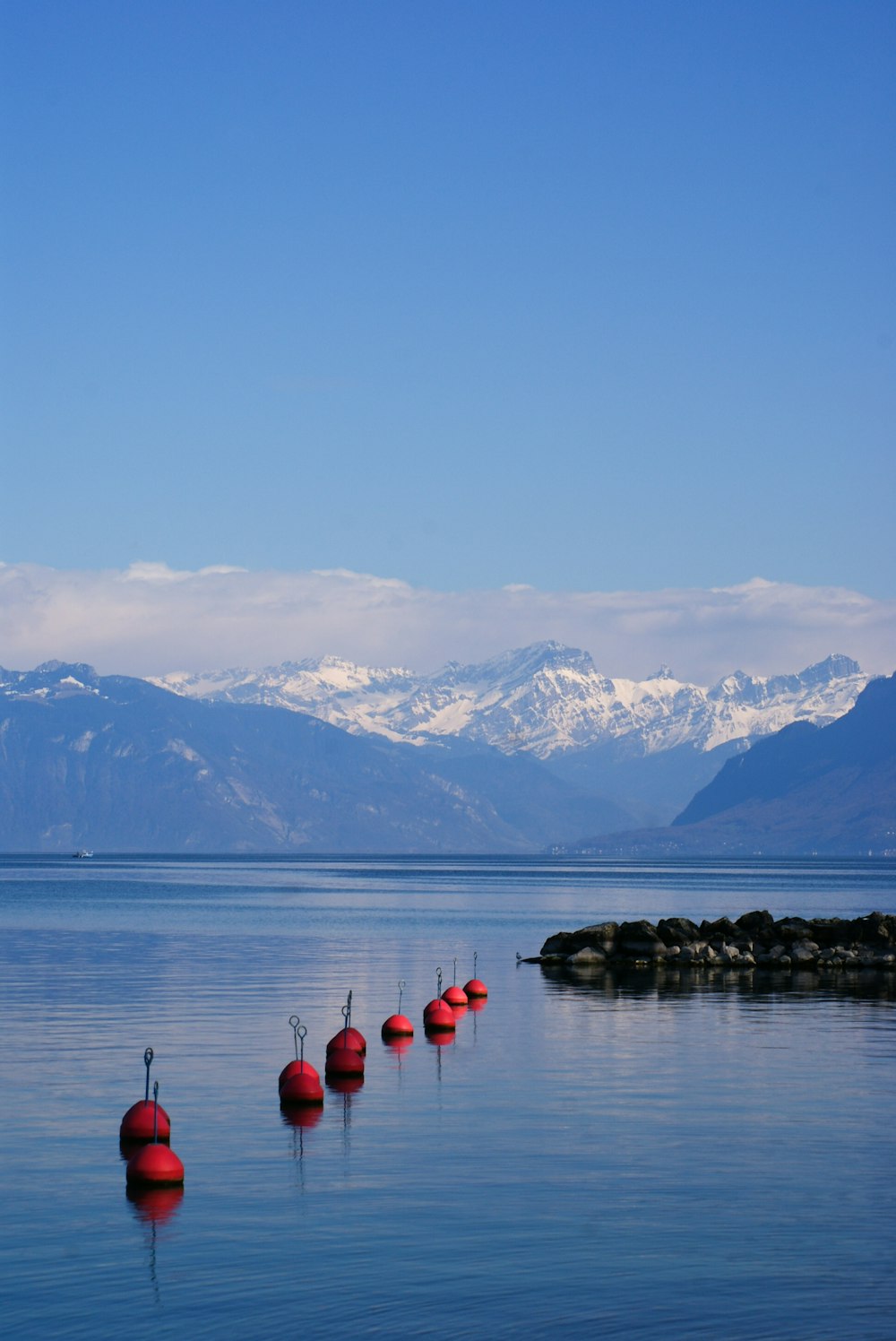 a group of buoys floating on top of a body of water