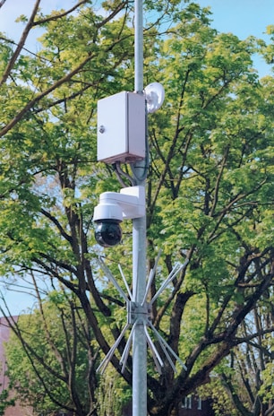 A surveillance camera mounted on a pole with a protective box and metal spikes below. The background features lush green trees and a clear blue sky, suggesting a peaceful outdoor setting.