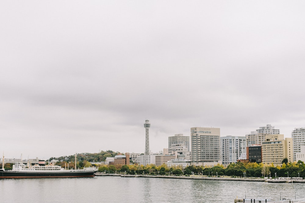 a large body of water with a city in the background