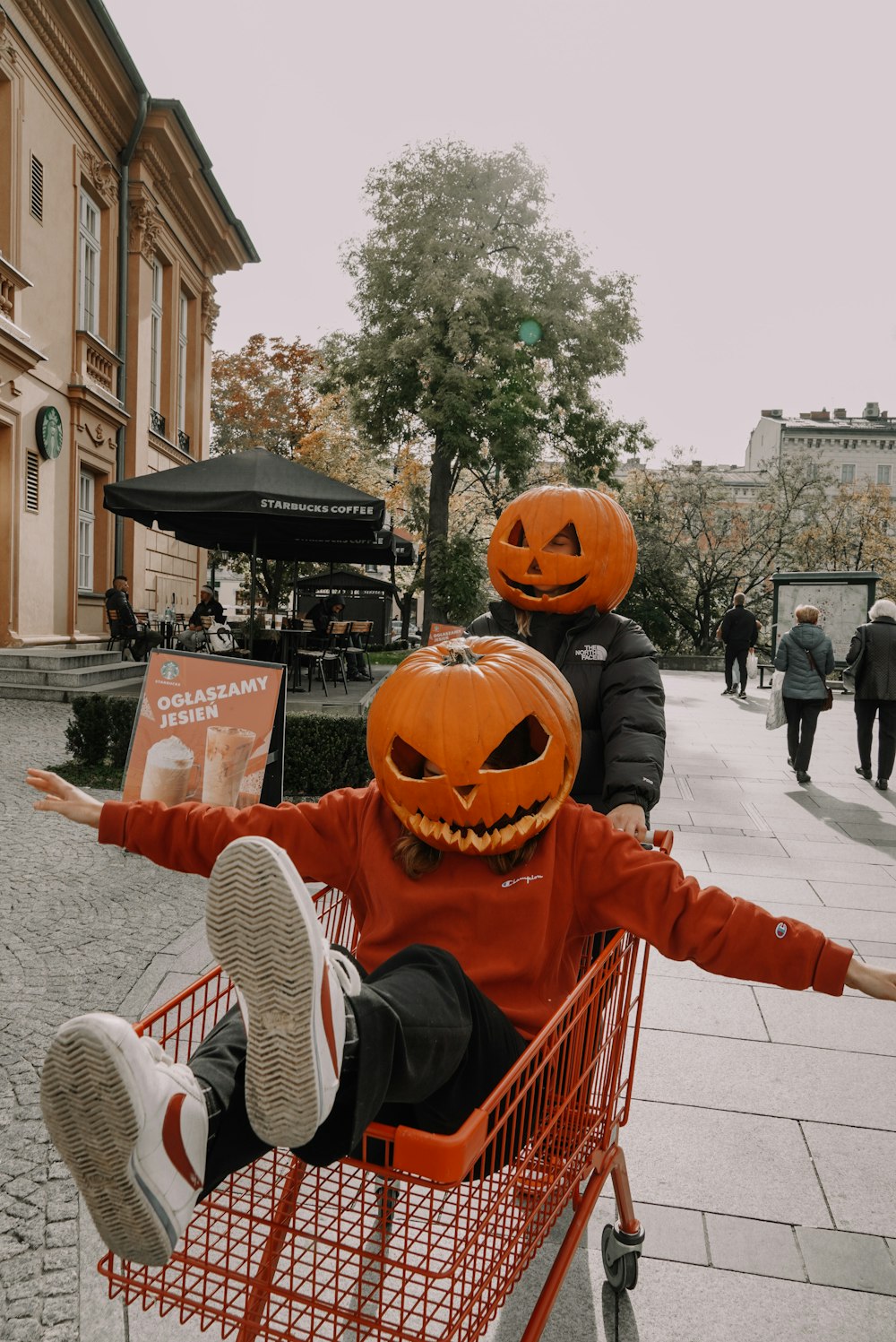 two children in pumpkin hats sitting in a shopping cart