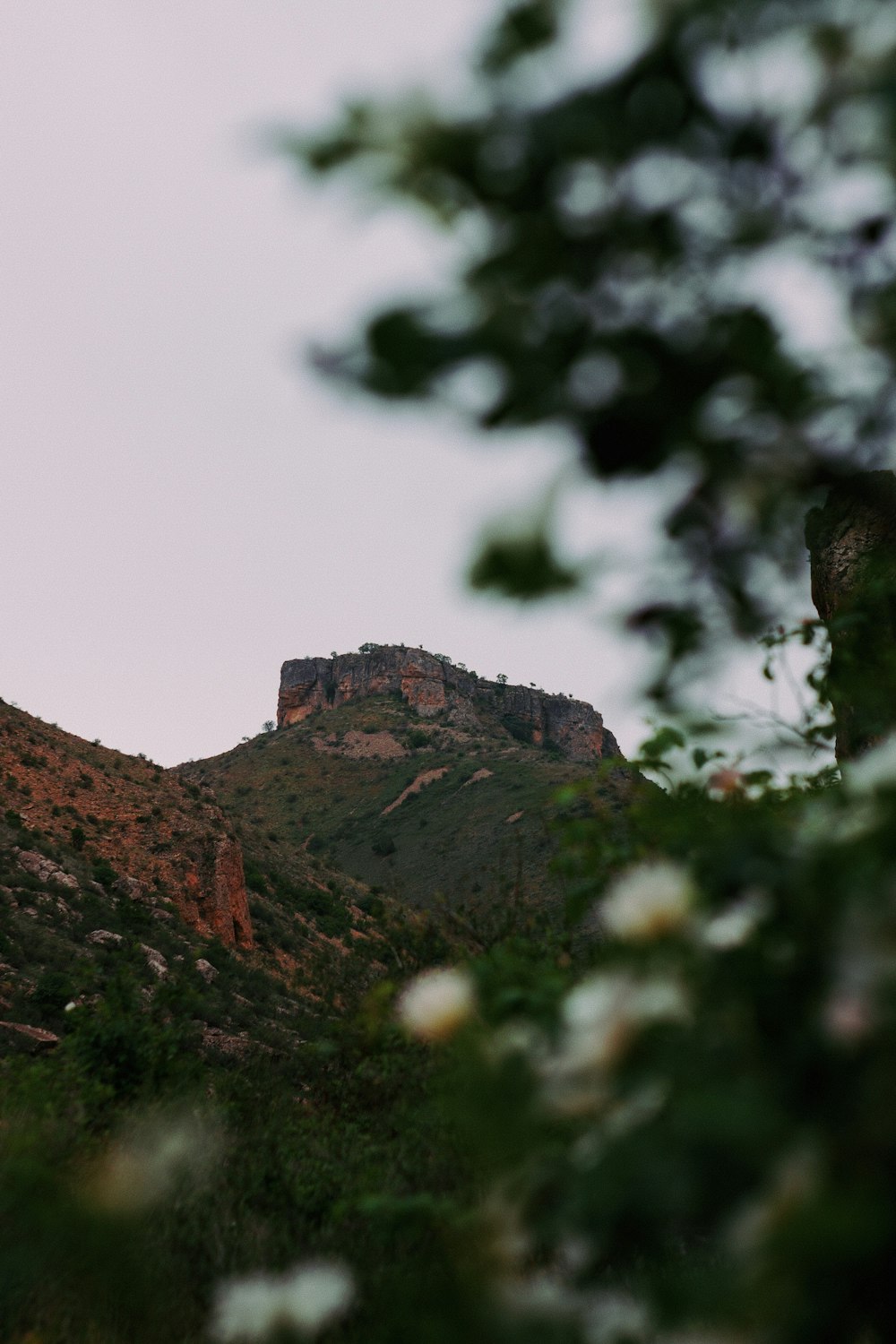 a view of a mountain with a clock tower in the distance