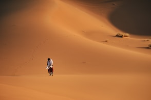 a man walking across a sandy field in the desert