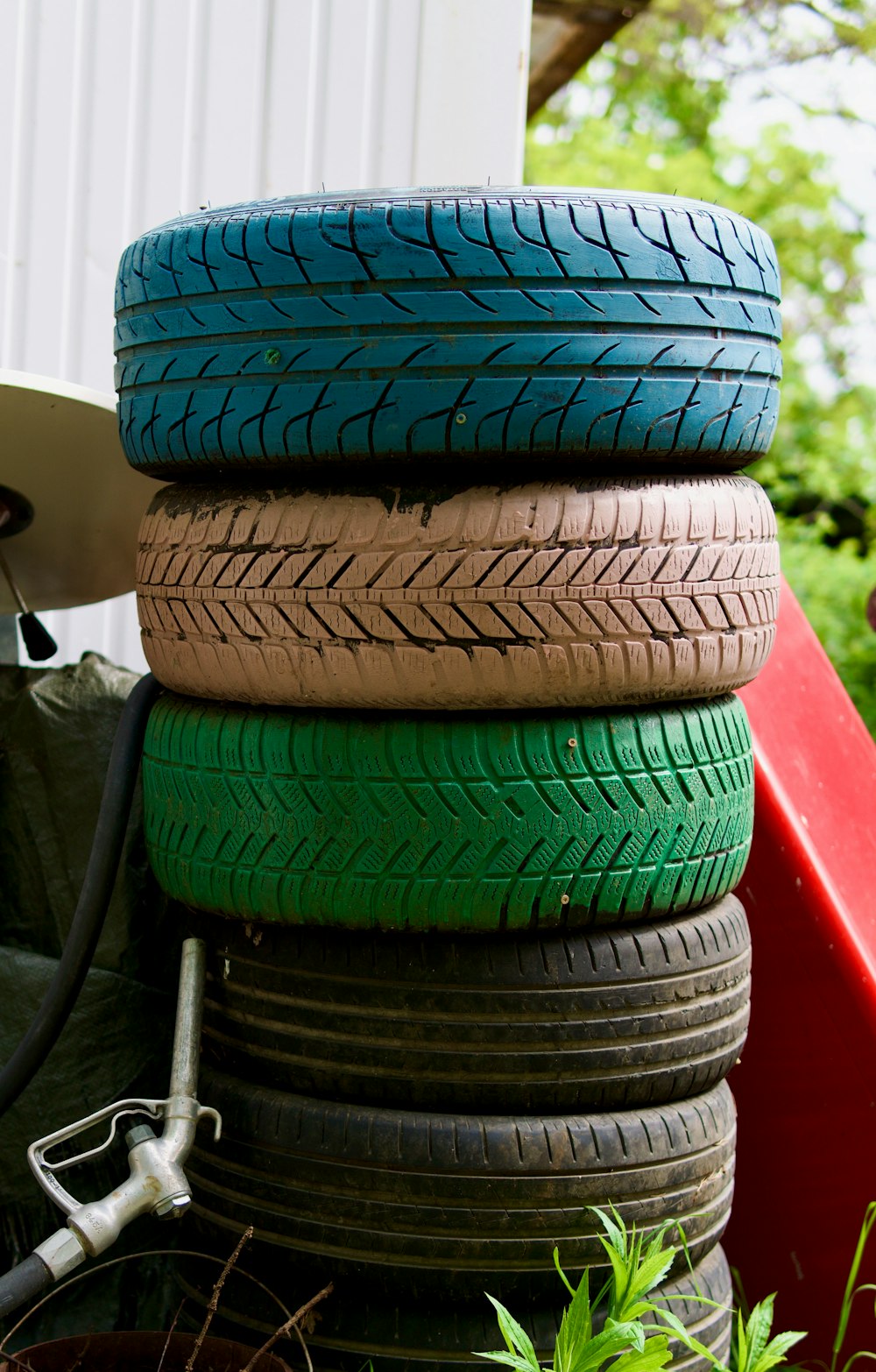 a pile of tires stacked on top of each other