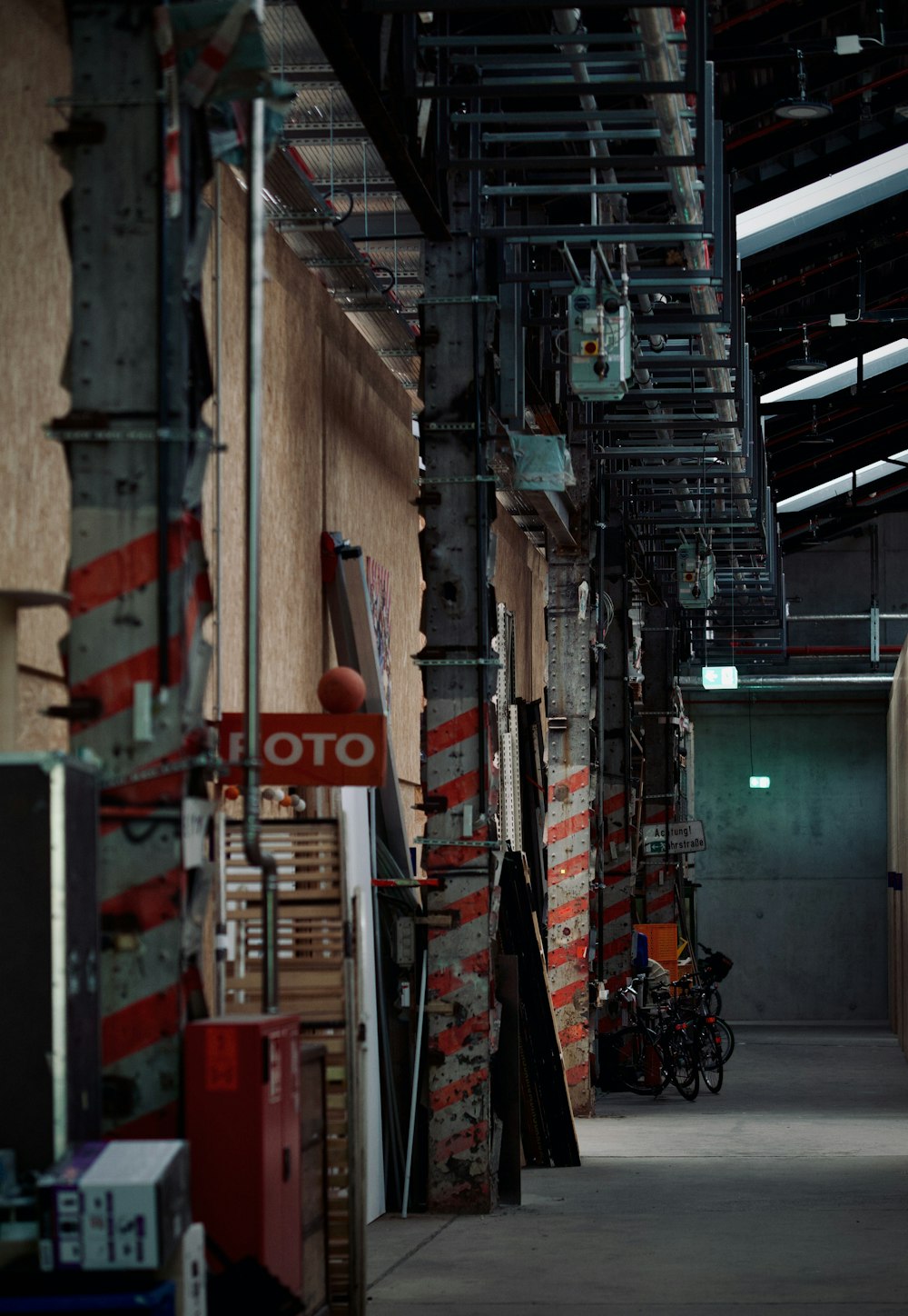 a building with a lot of red and white signs on the side of it