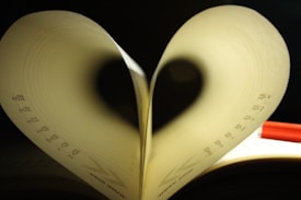 Pages of a book are artfully arranged to form the shape of a heart. The lighting casts a shadow that enhances the heart shape, giving a romantic and creative feel to the composition. The background is dark, which contrasts with the light color of the pages.