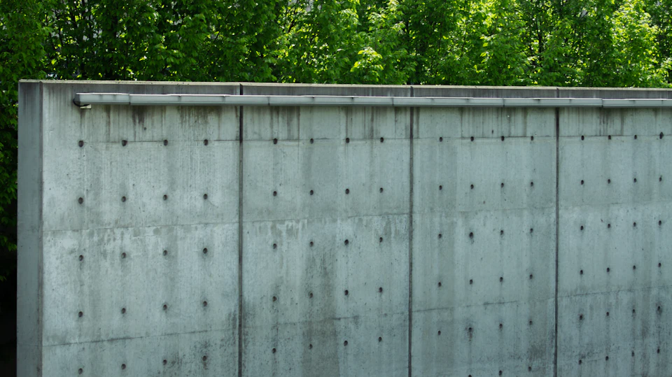 The image shows a concrete wall with numerous holes and cracks, suggesting it is old or exposed to weathering over time. The wall is situated next to trees, providing some natural contrast to its man-made structure. The perspective of the photo is from below, looking up at the wall, which emphasizes its height and the expanse of the surrounding environment.
