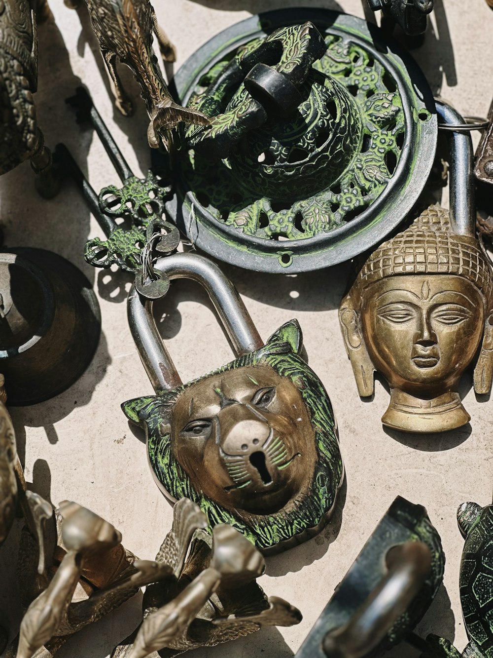 a collection of decorative items on display on a table