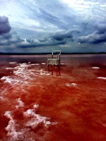 A stark landscape with a shopping cart partially submerged in a red-hued body of water, under a dramatic, cloudy sky. White salt formations are scattered across the surface of the water.