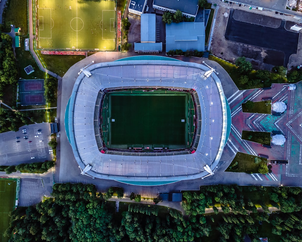 an aerial view of a soccer stadium at night