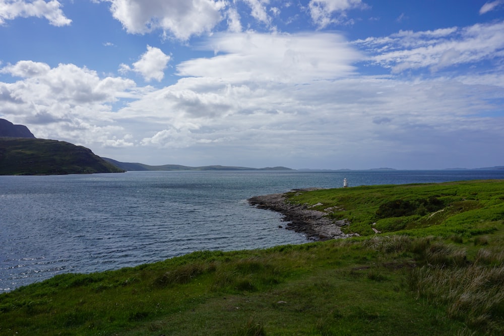 a body of water sitting next to a lush green hillside