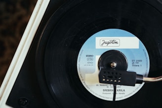 A close-up view of a vintage vinyl record on a turntable, with a focus on the label in the center, which reads 'Jugoton'. The record is spinning, and the needle is placed on it, hinting at the music being played.