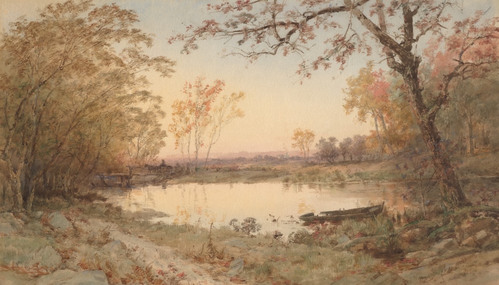 a painting of a river near a forest