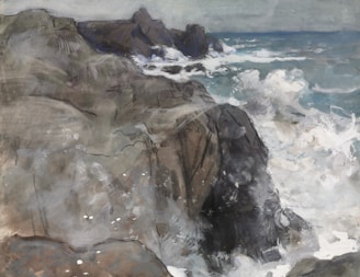An expressive painting of a rocky coastline with waves crashing against the cliffs. The scene captures the dynamic movement of the sea with foamy splashes and turbulent water, set against a backdrop of rugged, dark rocks. Overhead, the sky appears overcast and moody, contributing to the dramatic atmosphere.