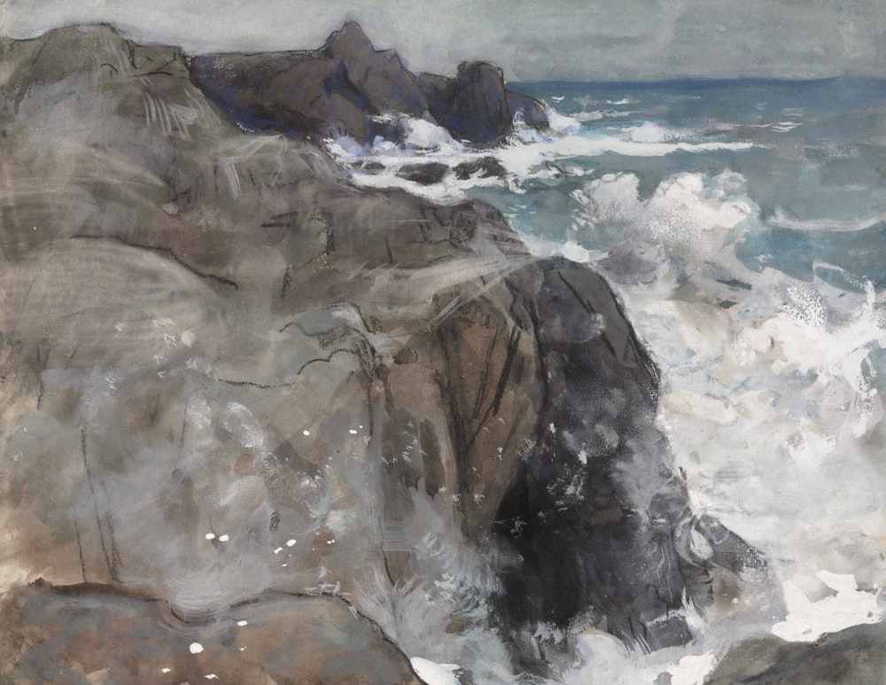 a painting of waves crashing on a rocky shore