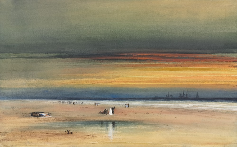 Una pintura de una puesta de sol sobre una playa