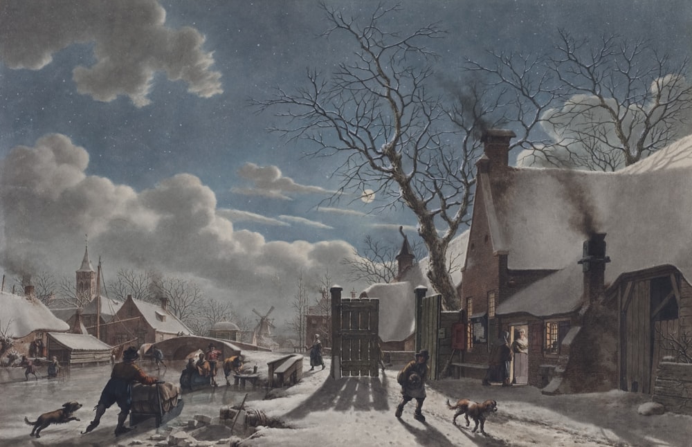 a painting of people playing in the snow