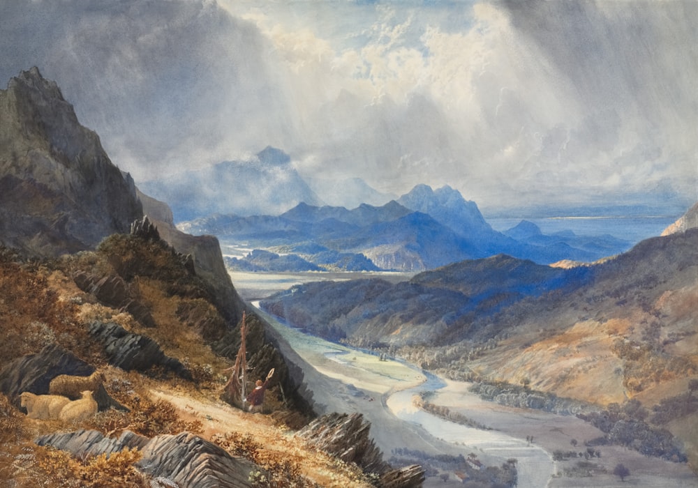 a painting of a mountain landscape with a river running through it