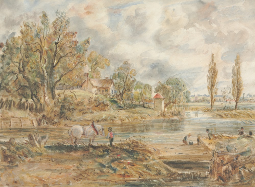 a painting of people and horses by a river
