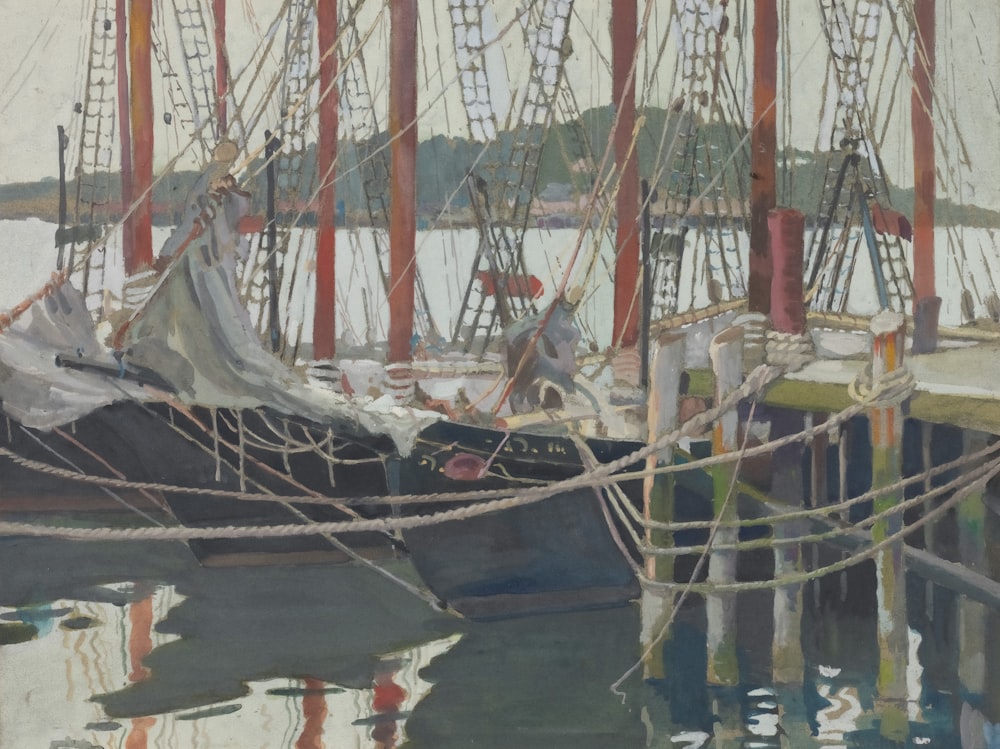 a painting of a boat docked at a dock