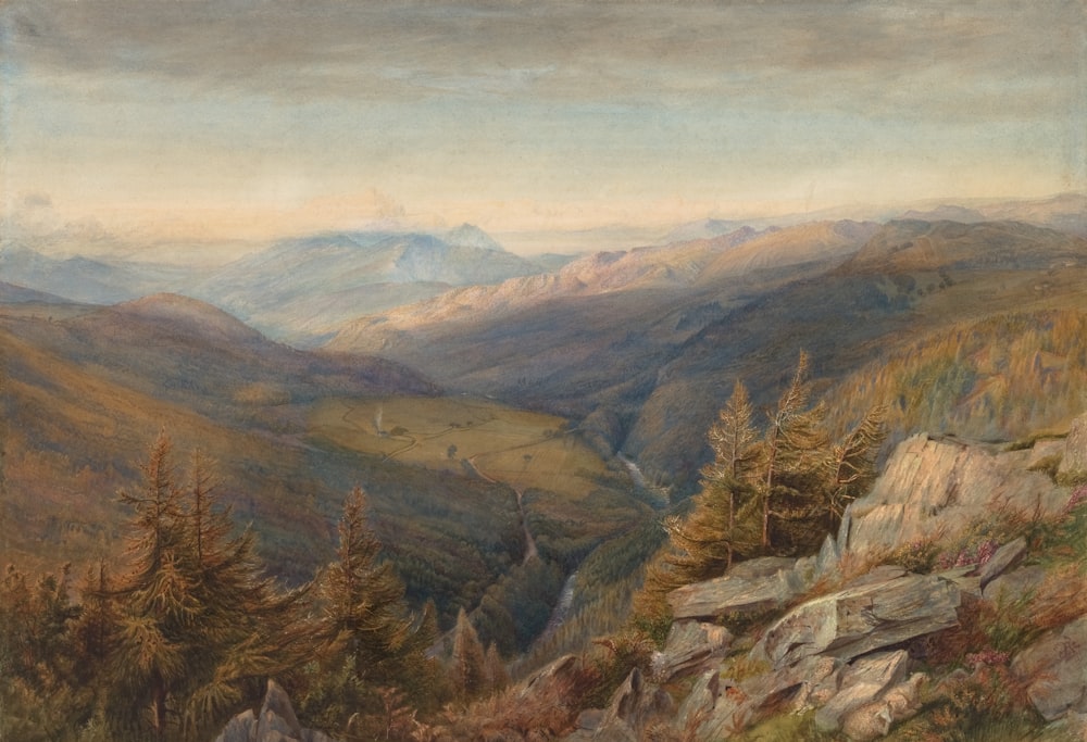 a painting of a valley with mountains in the background