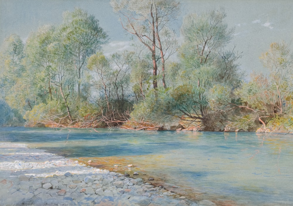 Una pintura de un río rodeado de árboles