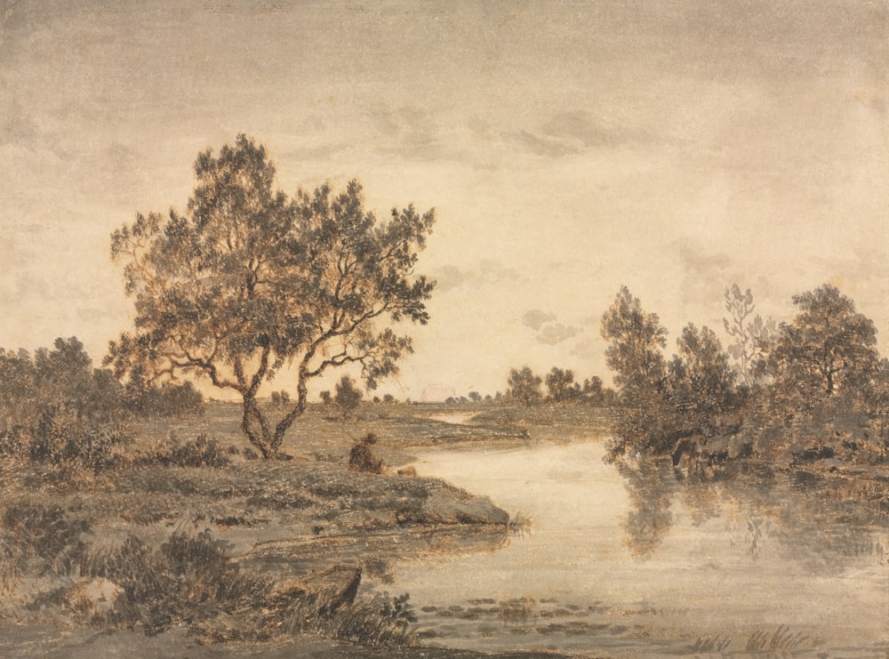 a painting of a river with trees in the background