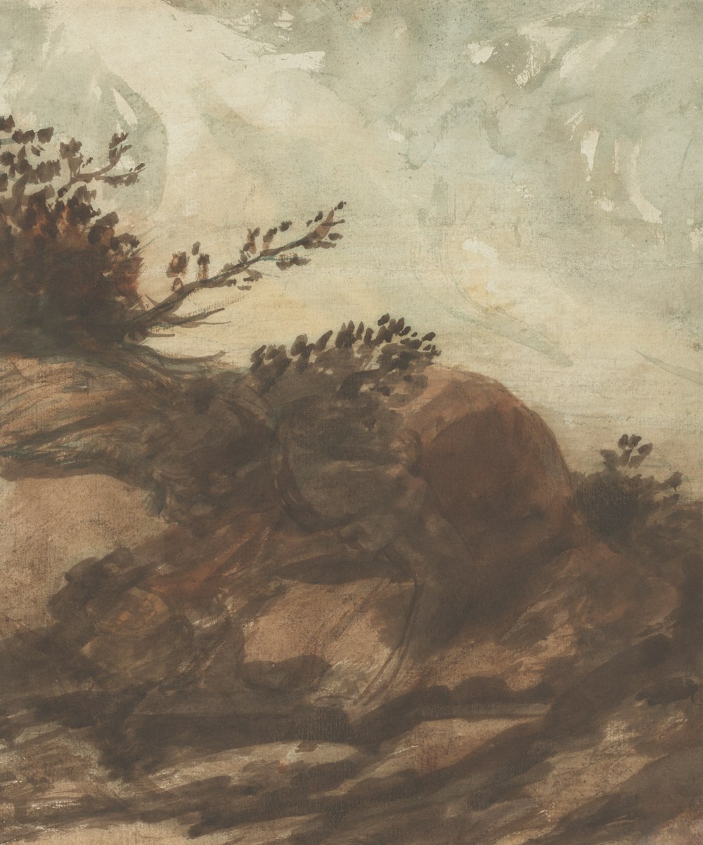 a painting of a tree on top of a hill