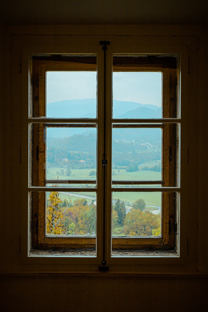 a window with a view of a valley