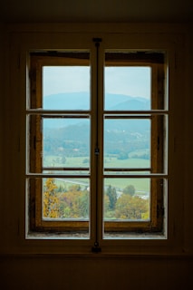 a window with a view of a valley