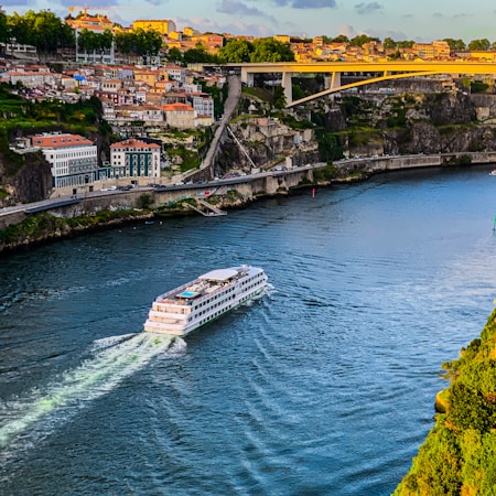 A large white cruise ship travels along a wide river with a wake trailing behind it. The river is flanked by steep rocky cliffs topped with colorful buildings and greenery. A prominent yellow bridge spans across the river in the background, and the scene is bathed in warm sunlight.