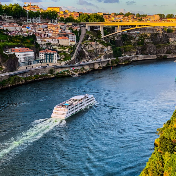 A large white cruise ship travels along a wide river with a wake trailing behind it. The river is flanked by steep rocky cliffs topped with colorful buildings and greenery. A prominent yellow bridge spans across the river in the background, and the scene is bathed in warm sunlight.