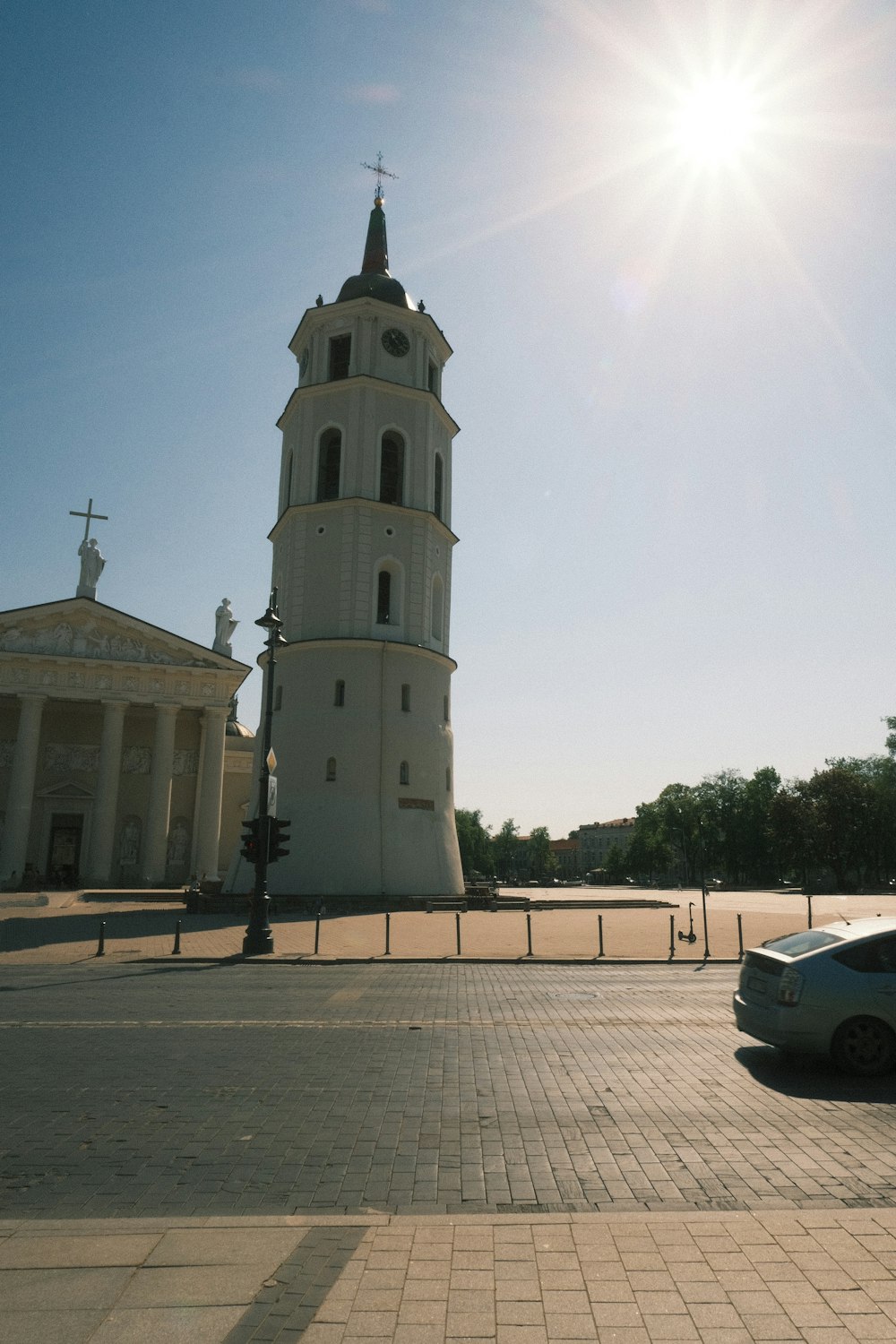 a car is parked in front of a church