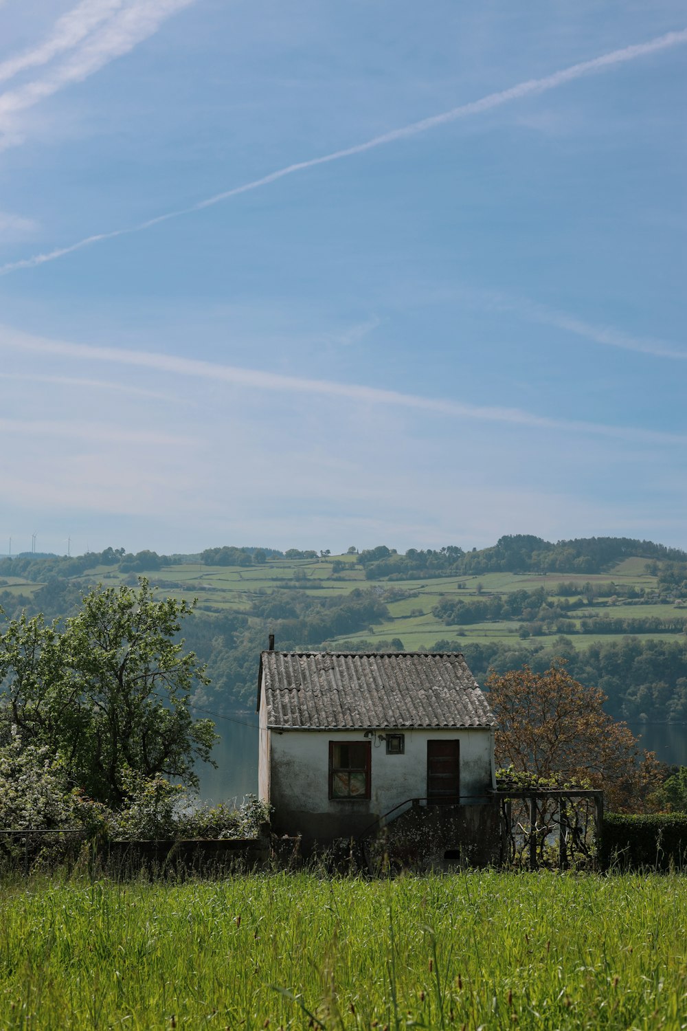 a small white house sitting in a lush green field