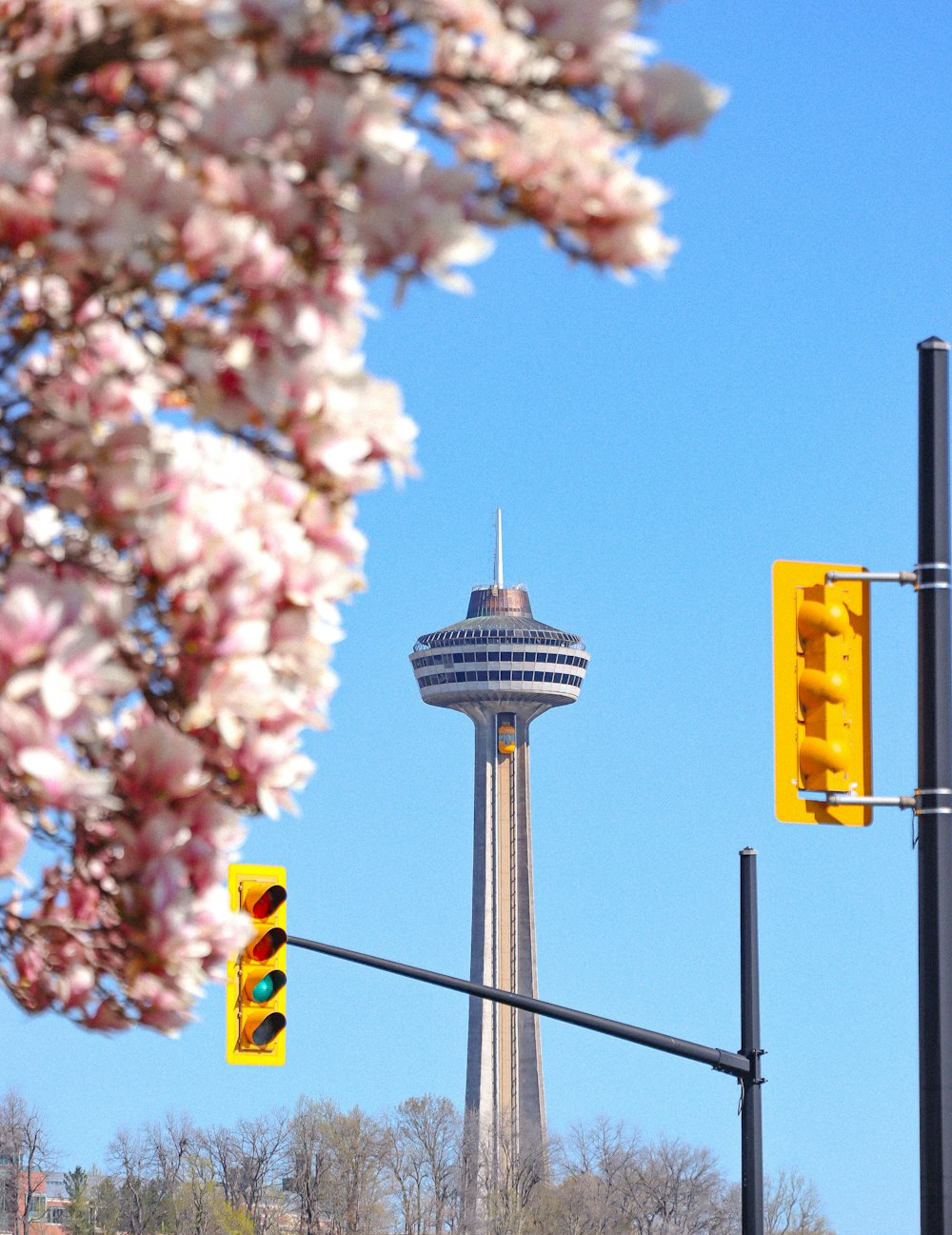 a view of a tall tower with a traffic light in front of it