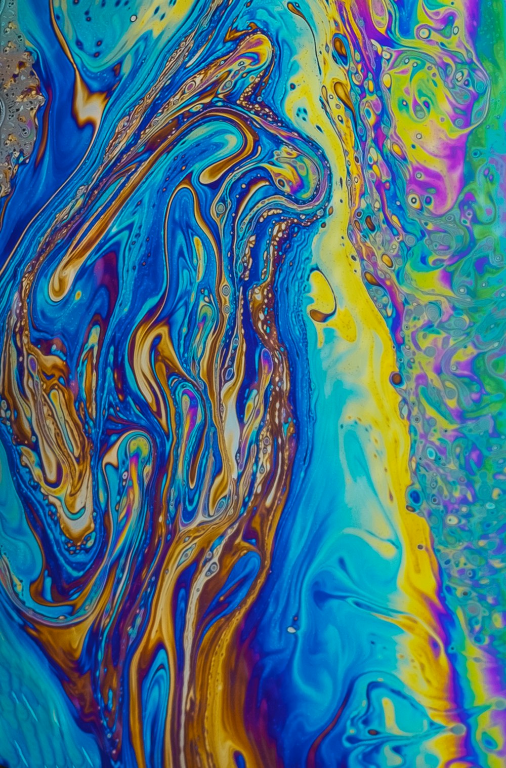 an abstract painting with blue, yellow, and orange colors