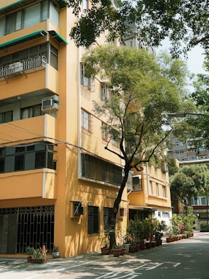 An outdoor scene featuring a yellow-orange apartment building. The building has multiple floors with various windows and balconies, some with air conditioning units. There are potted plants aligned along the walkway and a few trees providing shade. The scene is well-lit with natural daylight and there are power lines running horizontally.