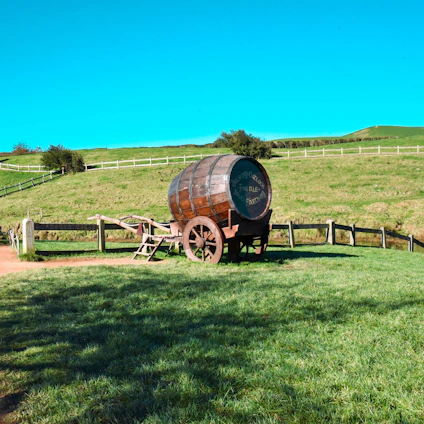 A rustic wooden barrel beside a clear spring flowing through an autumn forest.