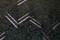Aerial view of a series of solar panels embedded within dense green foliage, arranged in a geometric zigzag pattern.