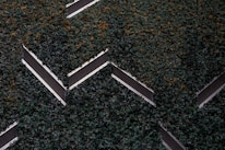 Aerial view of a series of solar panels embedded within dense green foliage, arranged in a geometric zigzag pattern.
